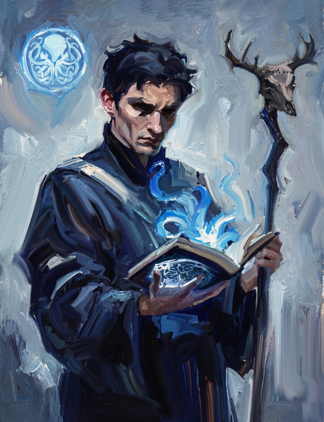 Warlock with spellbook — card art